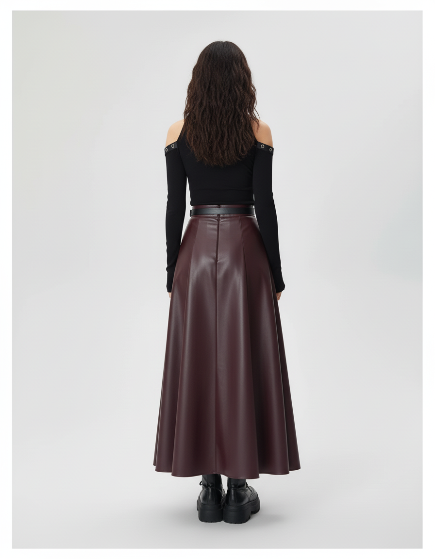 Jupe Longue Simili Cuir Plissée Élégante