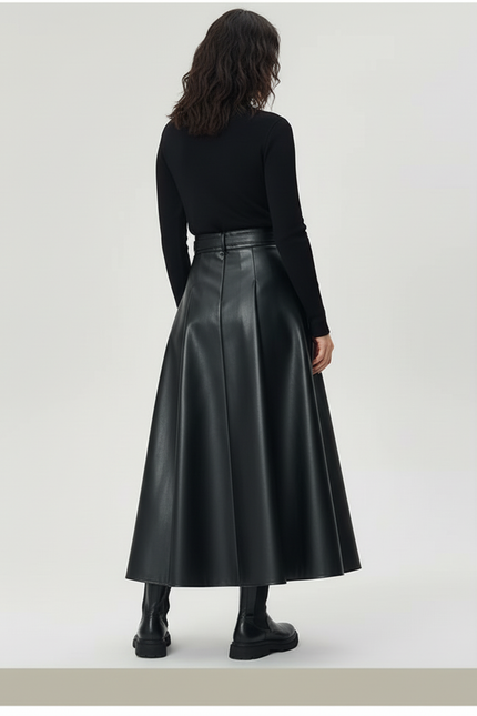 Jupe Longue Noir Similicuir Plissée
