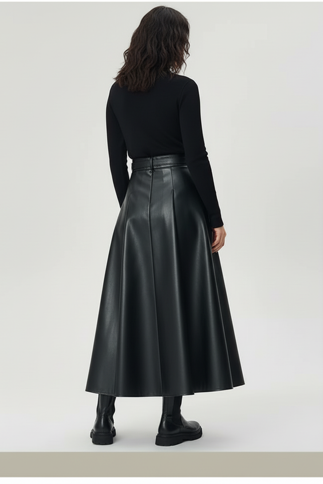 Jupe Longue Noir Similicuir Plissée