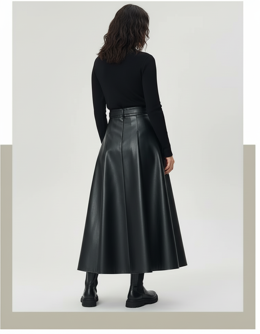 Jupe Longue Noir Similicuir Plissée