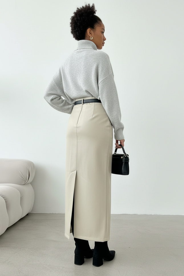 Jupe Longue Similicuir Fendue Taille Haute Chic