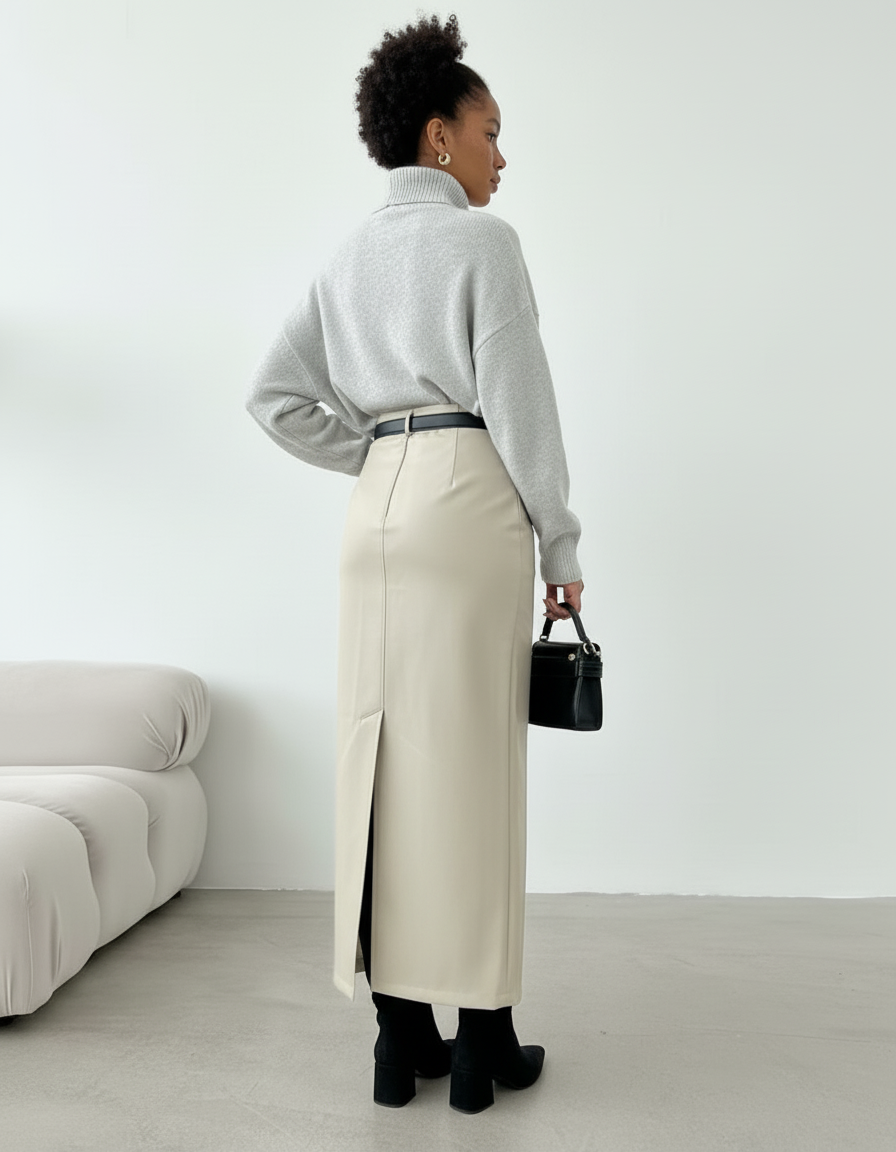 Jupe Longue Similicuir Fendue Taille Haute Chic