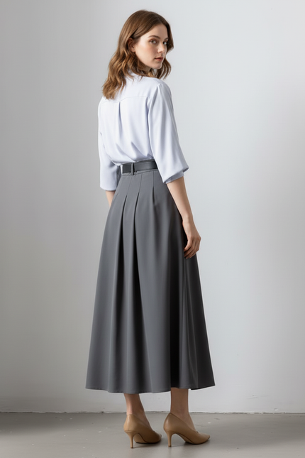 Jupe Longue Grise Plissée Élégante Mode