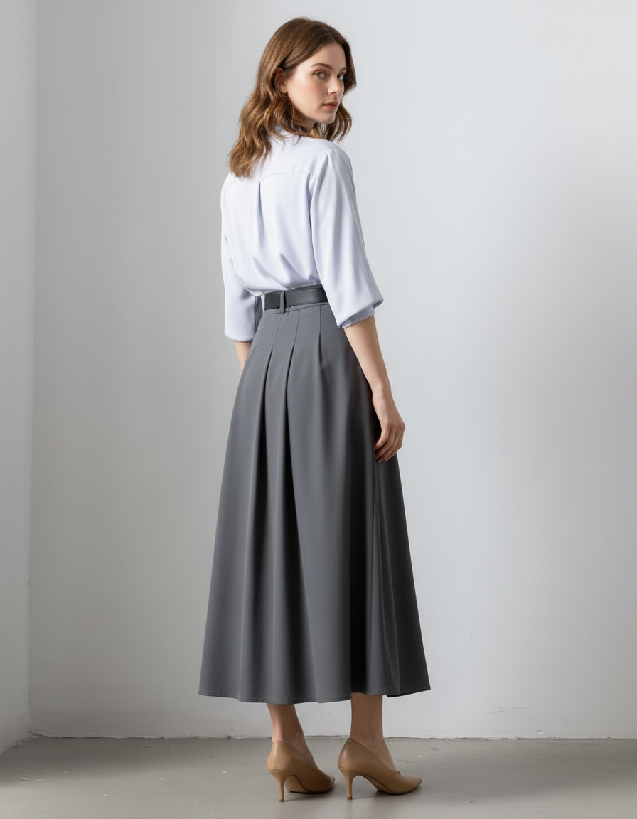 Jupe Longue Grise Plissée Élégante Mode