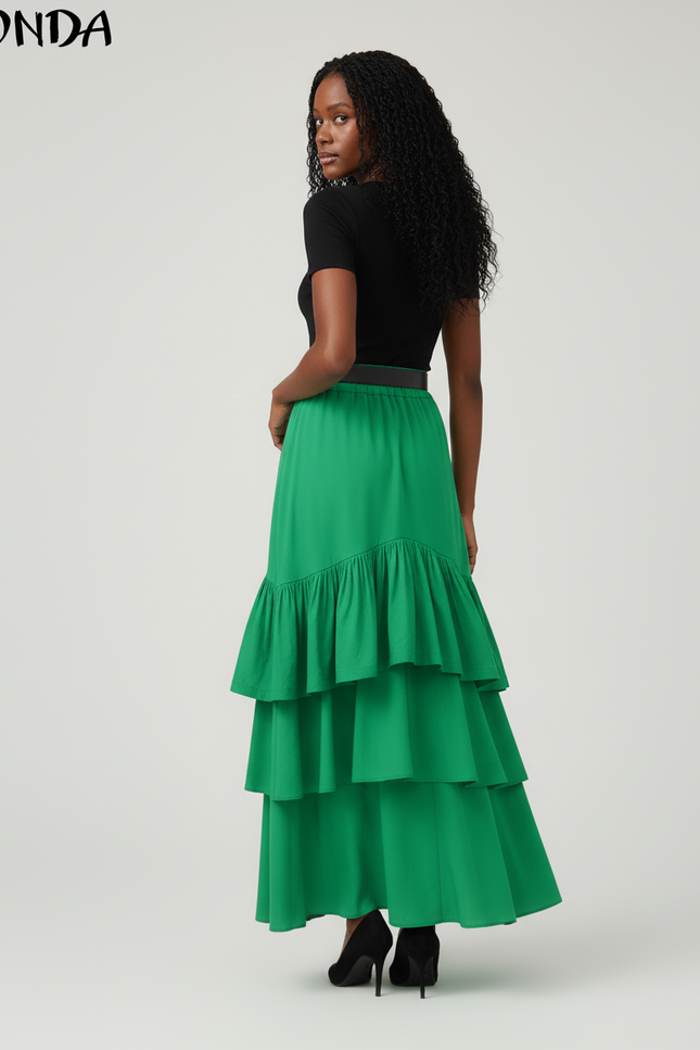 Jupe Longue Élégante Verte À Volants