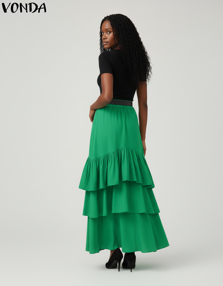 Jupe Longue Élégante Verte À Volants