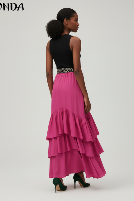 Jupe Longue Rose Fuchsia Élégante À Volants