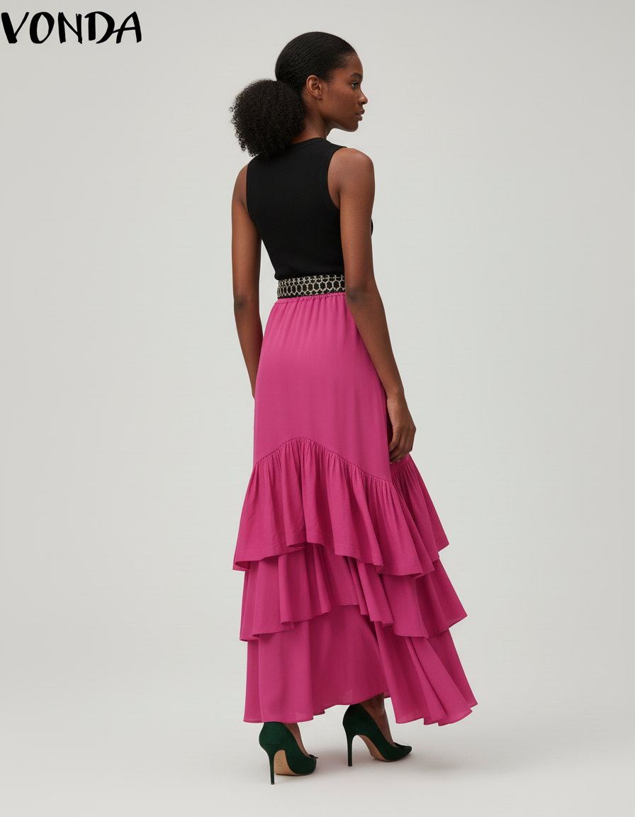 Jupe Longue Rose Fuchsia Élégante À Volants