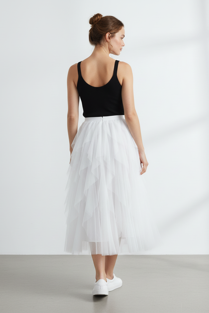 Jupe Longue Tulle Irrégulière Blanche Fluide