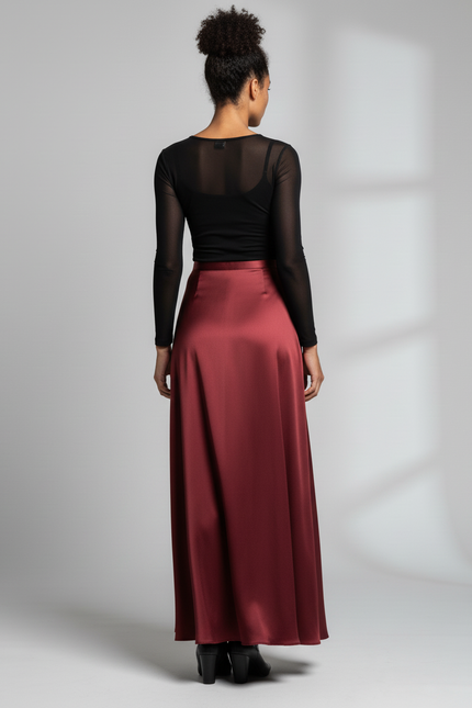 Jupe Longue Satin Bordeaux Élégante