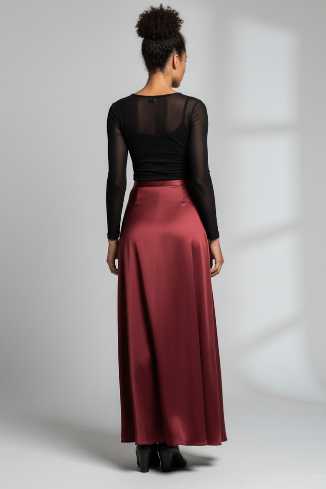 Jupe Longue Satin Bordeaux Élégante