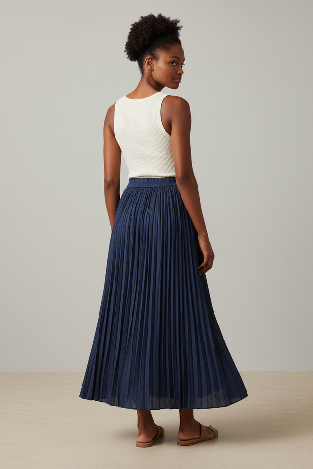 Jupe Longue Bleu Marine Plissée Fluide