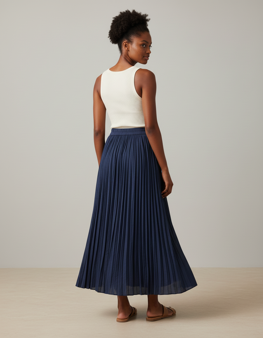 Jupe Longue Bleu Marine Plissée Fluide