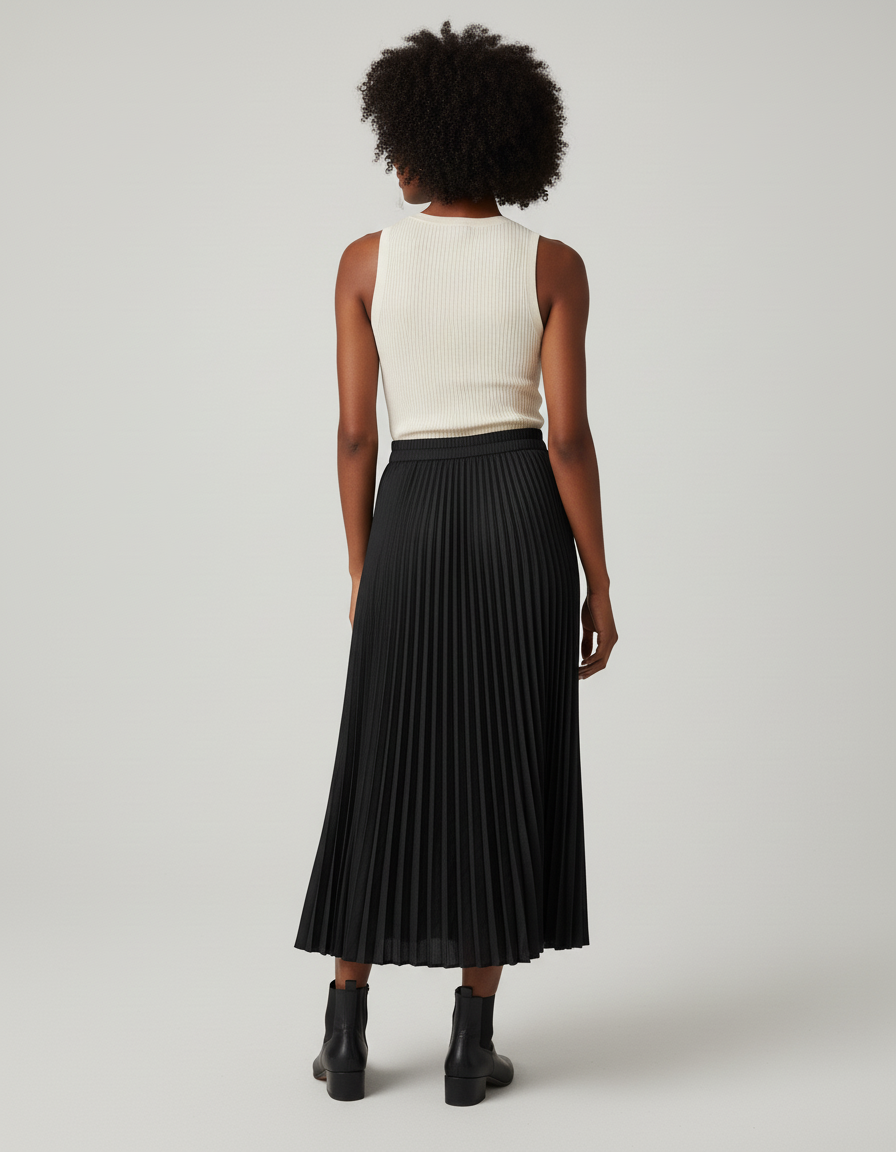 Jupe Plissée Noire Mi-Longue