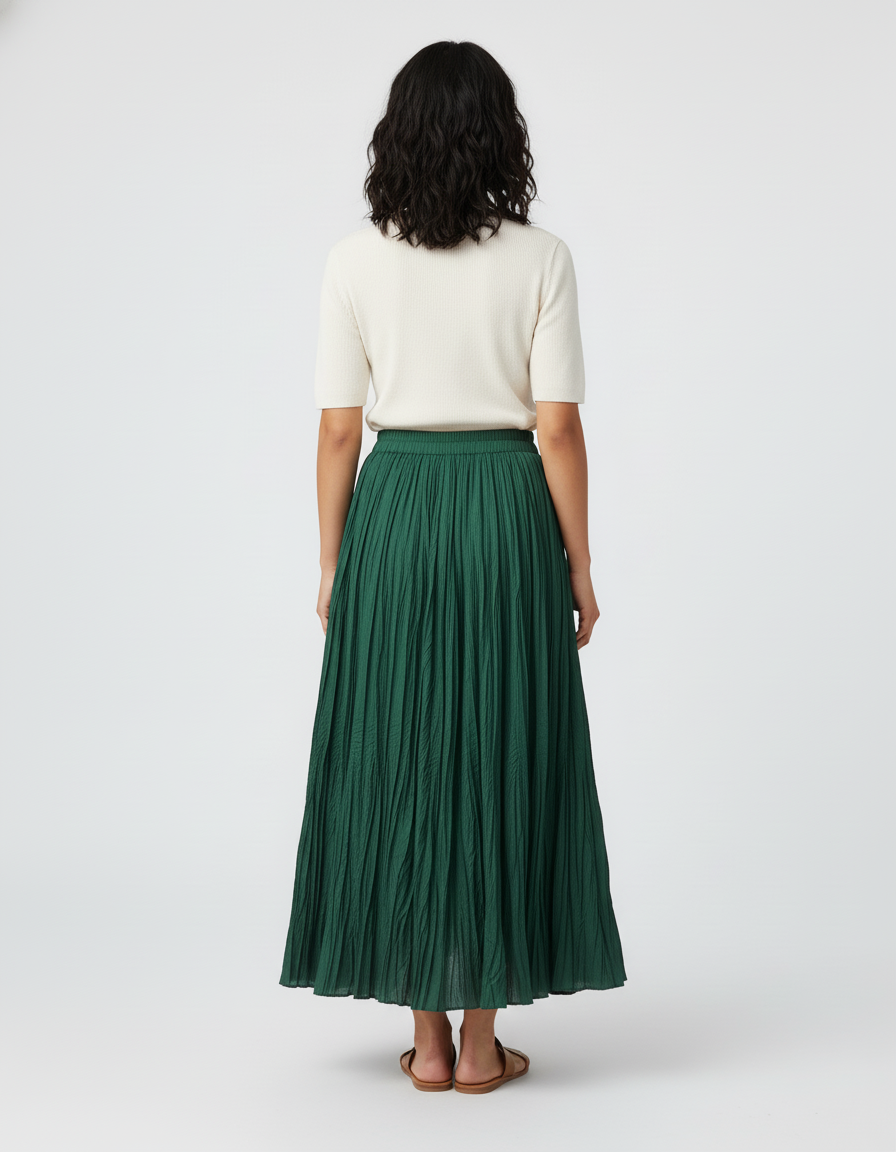 Jupe Longue Verte Plissée Fluide Femme