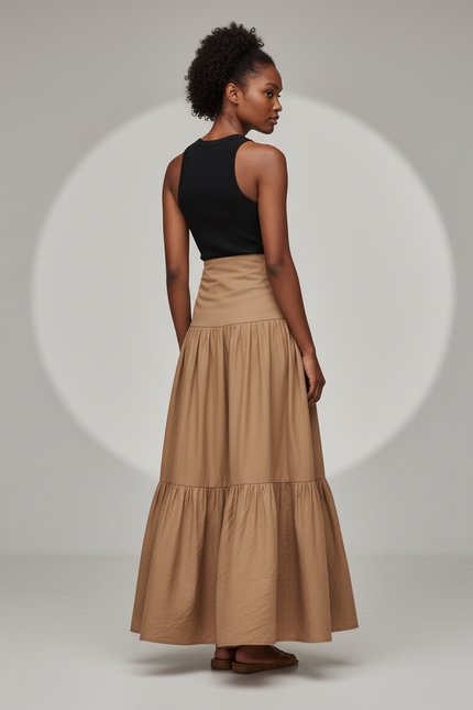 Jupe Longue Beige À Volants Décontractée