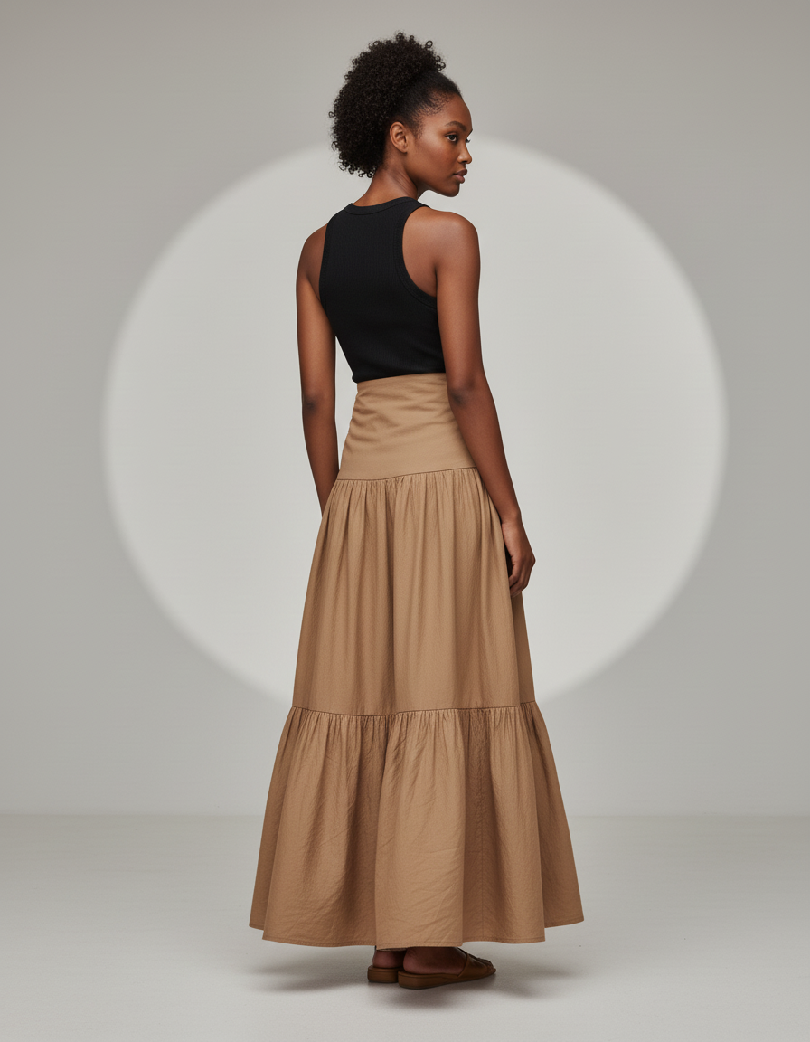 Jupe Longue Beige À Volants Décontractée