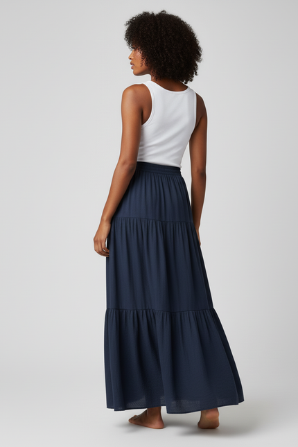 Jupe Longue Bleu Marine À Volants Fluide