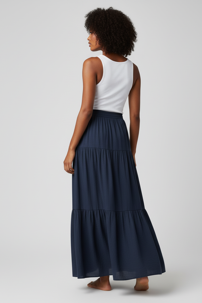 Jupe Longue Bleu Marine À Volants Fluide