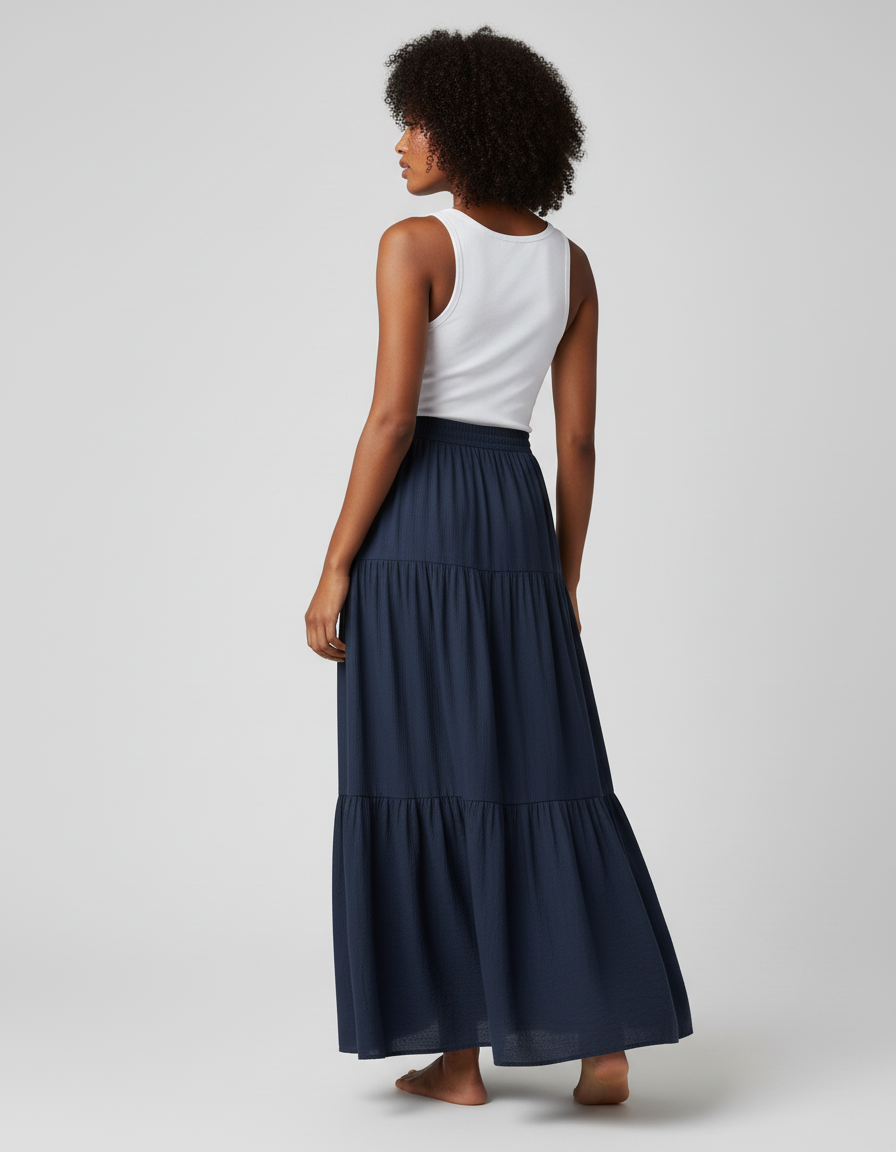 Jupe Longue Bleu Marine À Volants Fluide
