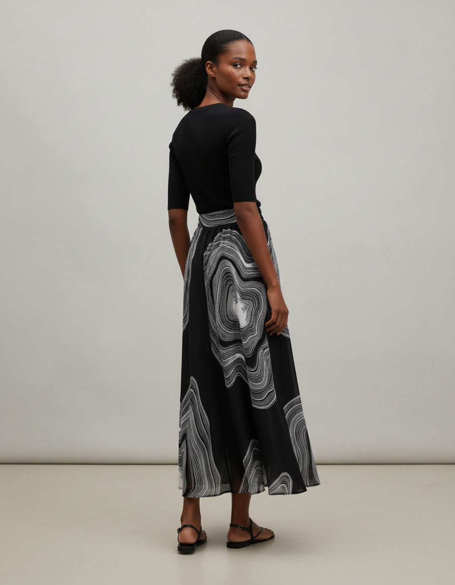 Jupe Longue Fluide Motif Ondulé Élégante