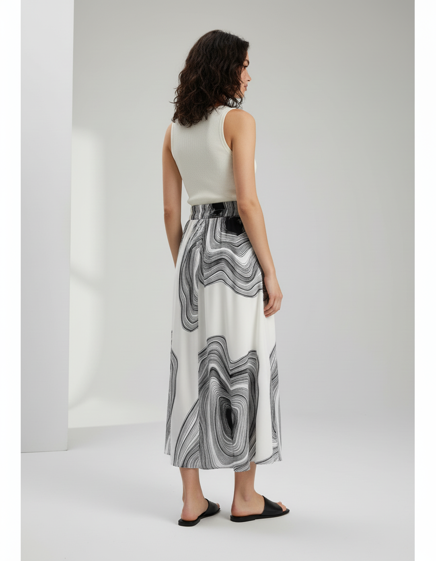 Jupe Longue Blanche Motif Abstrait Fluide