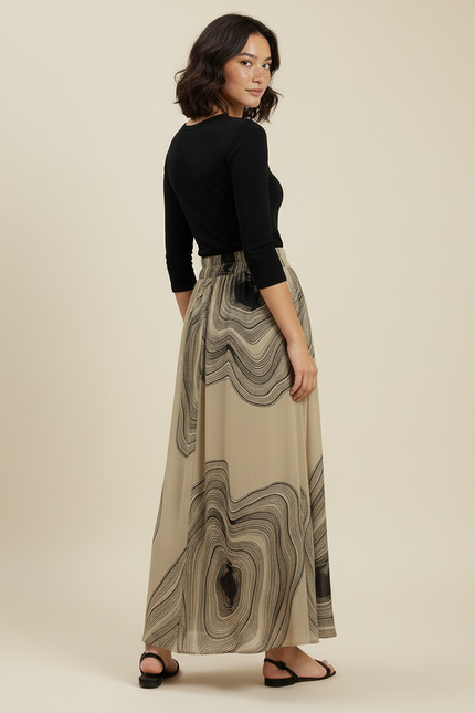 Jupe Longue Beige Motifs Abstraits Élégante