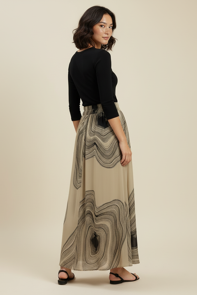 Jupe Longue Beige Motifs Abstraits Élégante