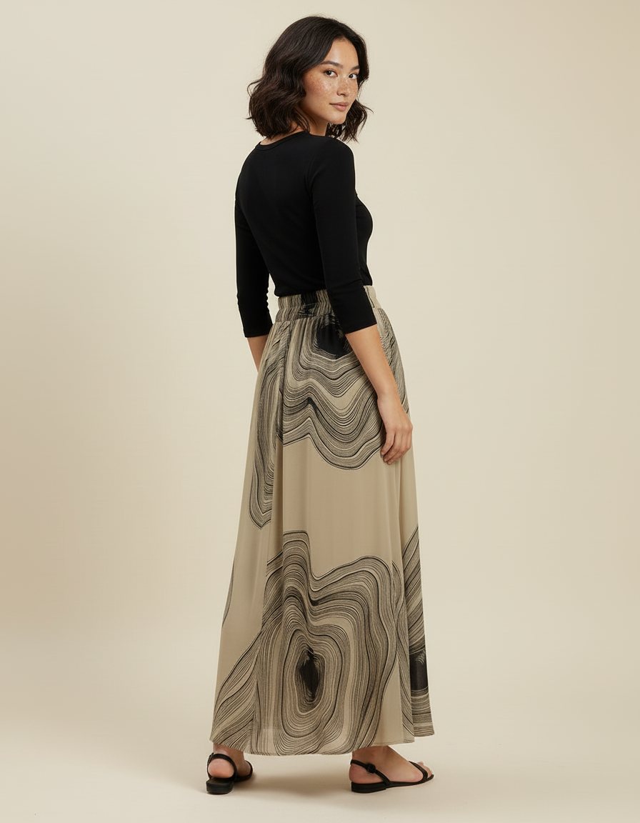 Jupe Longue Beige Motifs Abstraits Élégante