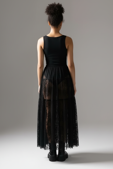 Jupe Longue Dentelle Noire Transparente Élégante Chic