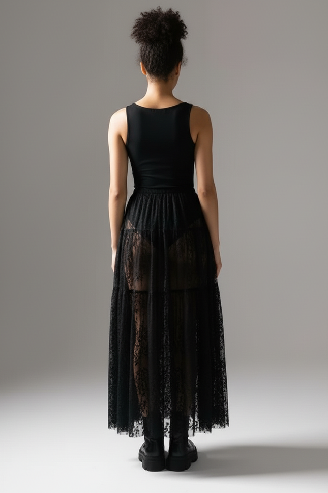 Jupe Longue Dentelle Noire Transparente Élégante Chic