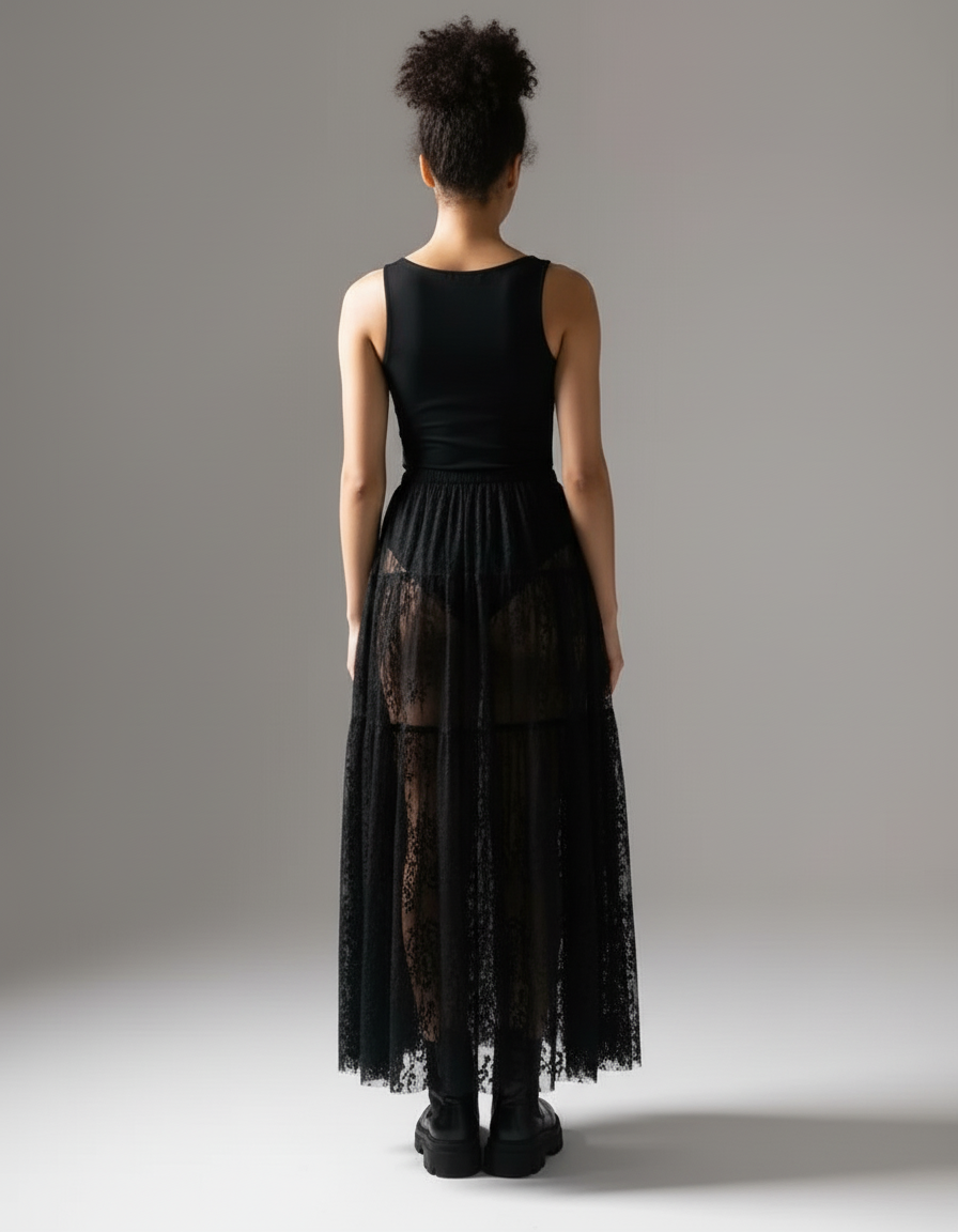 Jupe Longue Dentelle Noire Transparente Élégante Chic
