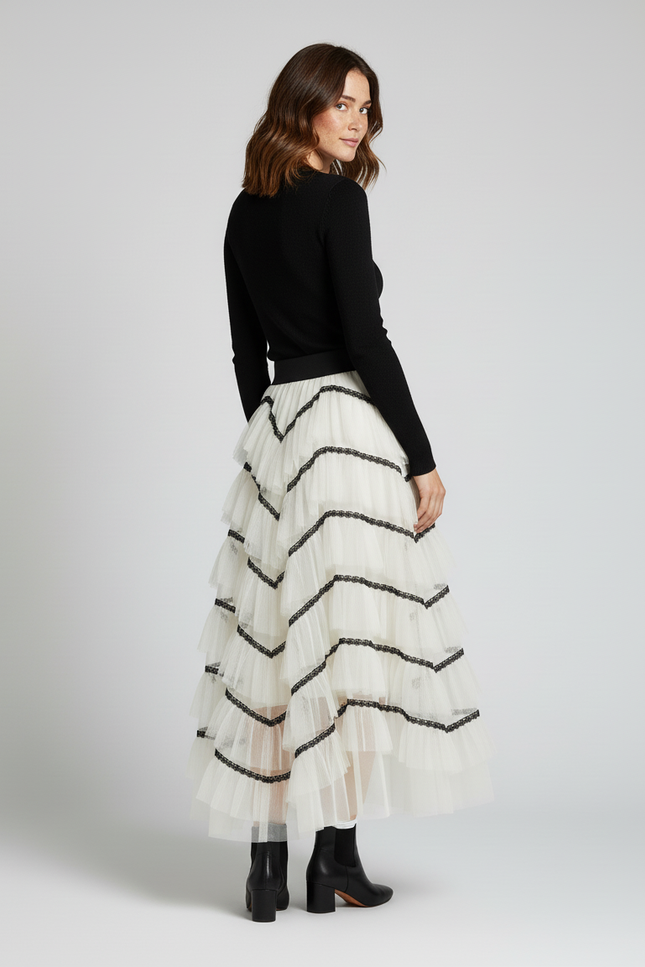 Jupe Longue Tulle Volants Contrastés Chic