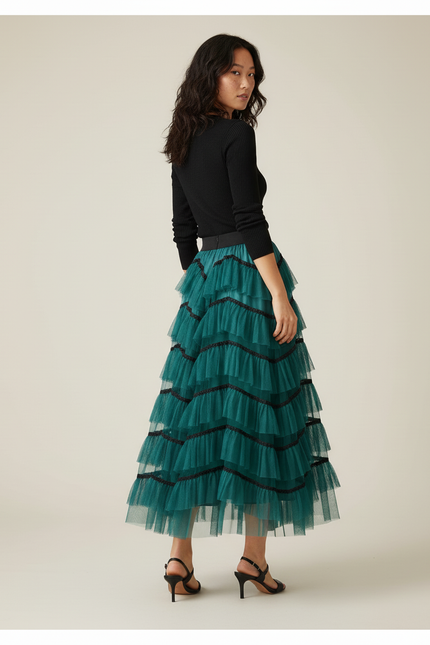 Jupe Longue Vert Émeraude Volants Chic