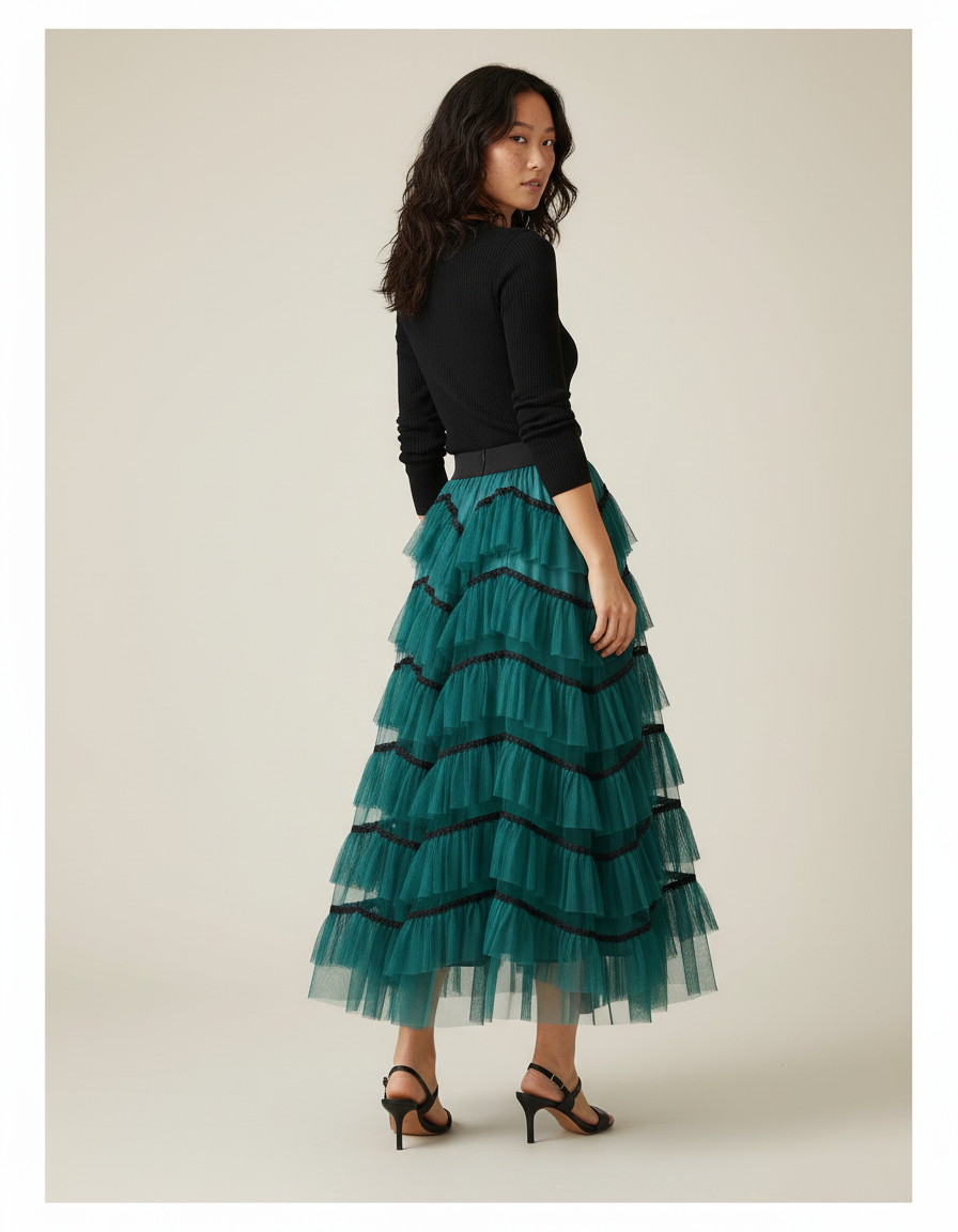 Jupe Longue Vert Émeraude Volants Chic