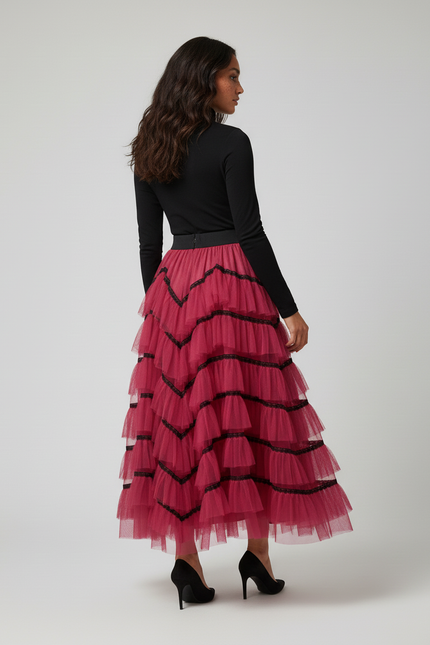 Jupe Longue Rose Fuchsia Volants Noirs Chic