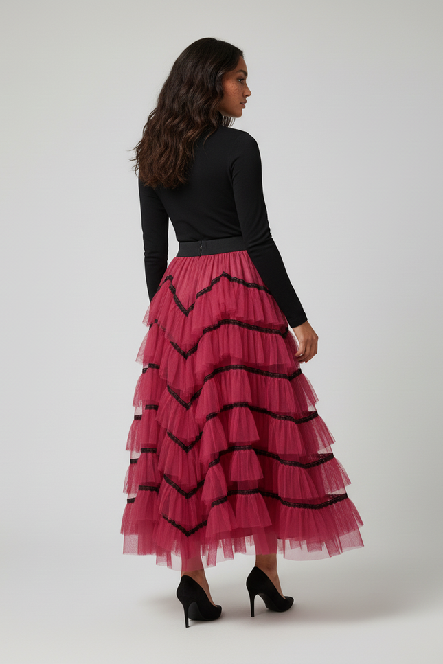 Jupe Longue Rose Fuchsia Volants Noirs Chic