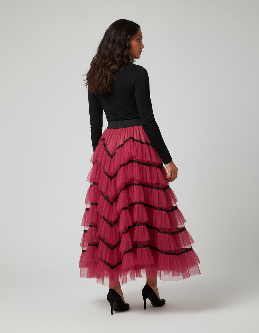 Jupe Longue Rose Fuchsia Volants Noirs Chic