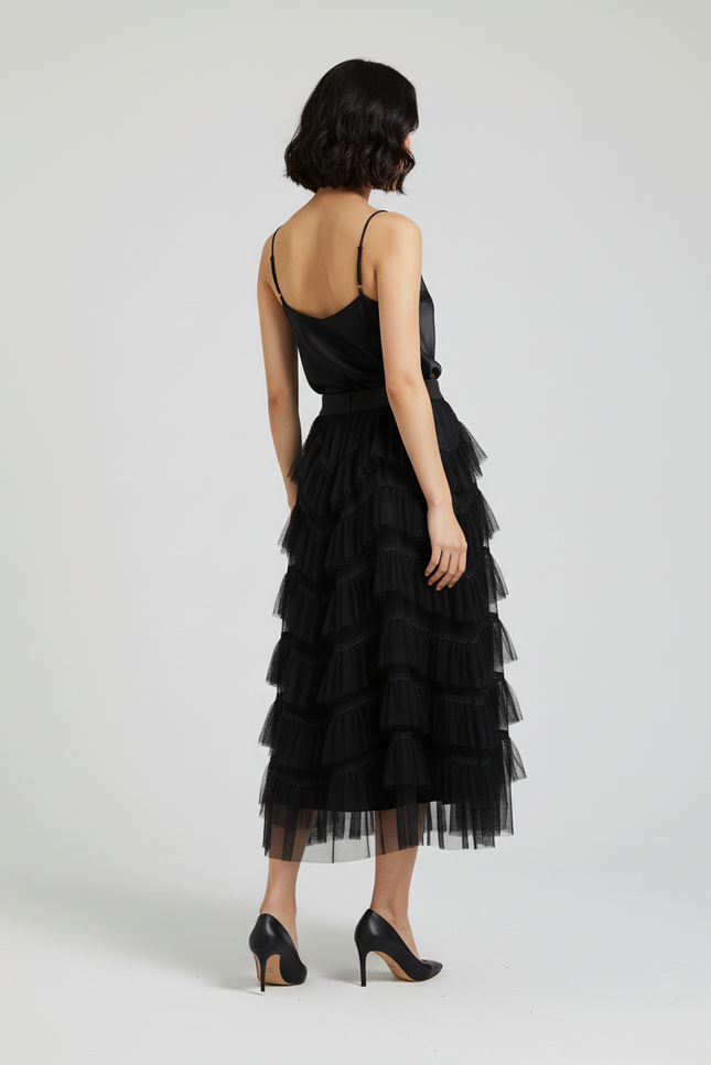 Jupe Longue Noire À Volants Chic Élégante