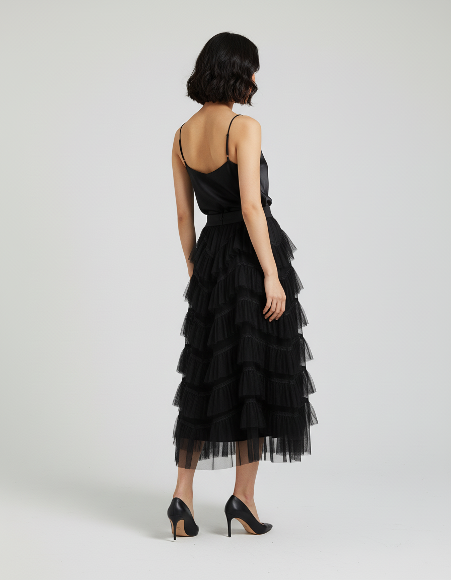 Jupe Longue Noire À Volants Chic Élégante