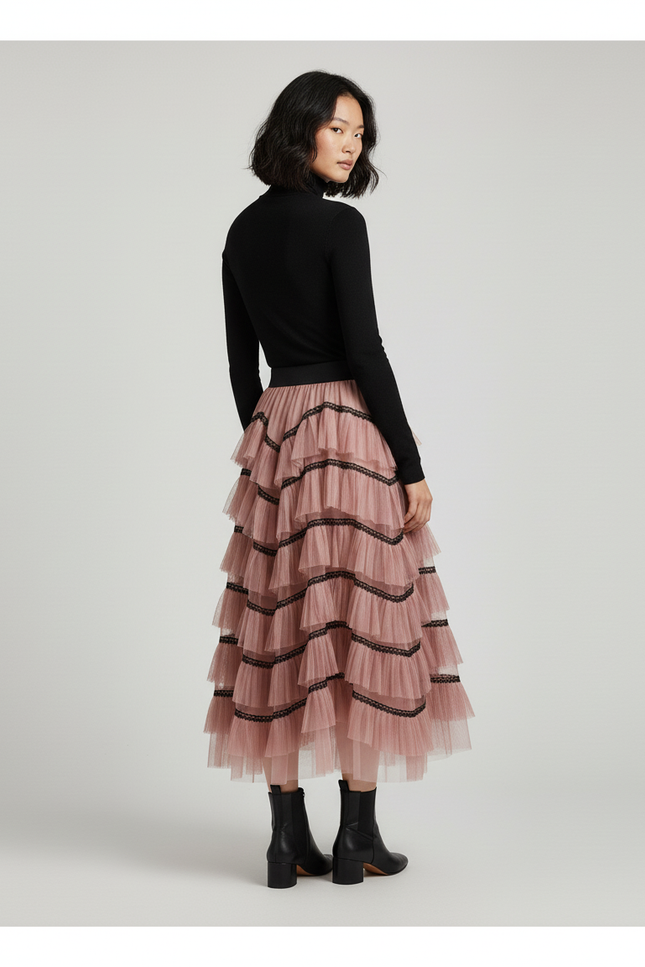 Jupe Longue Rose Poudré Volants Chic Femme