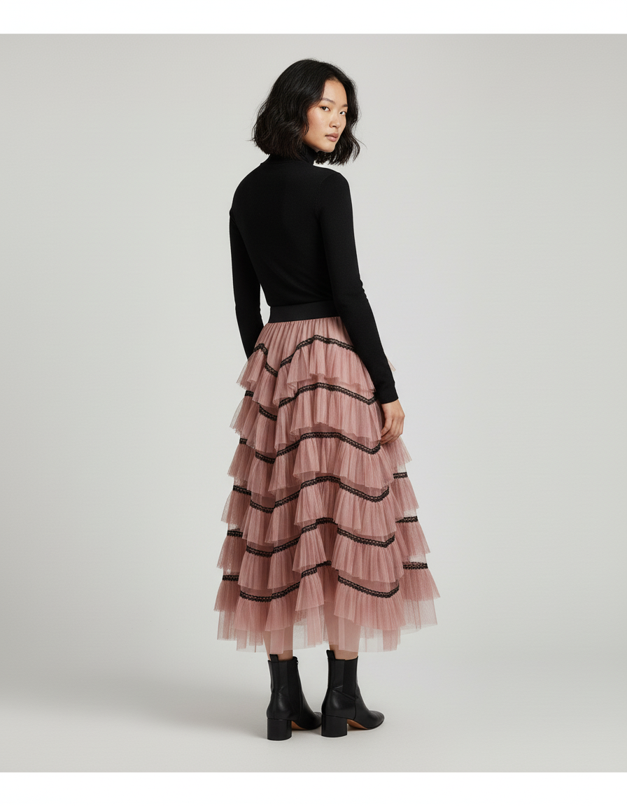 Jupe Longue Rose Poudré Volants Chic Femme