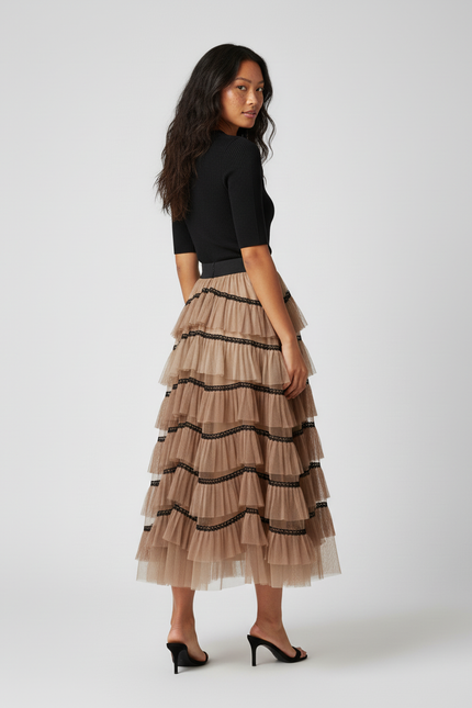 Jupe Longue Tulle Volants Beige Élégante