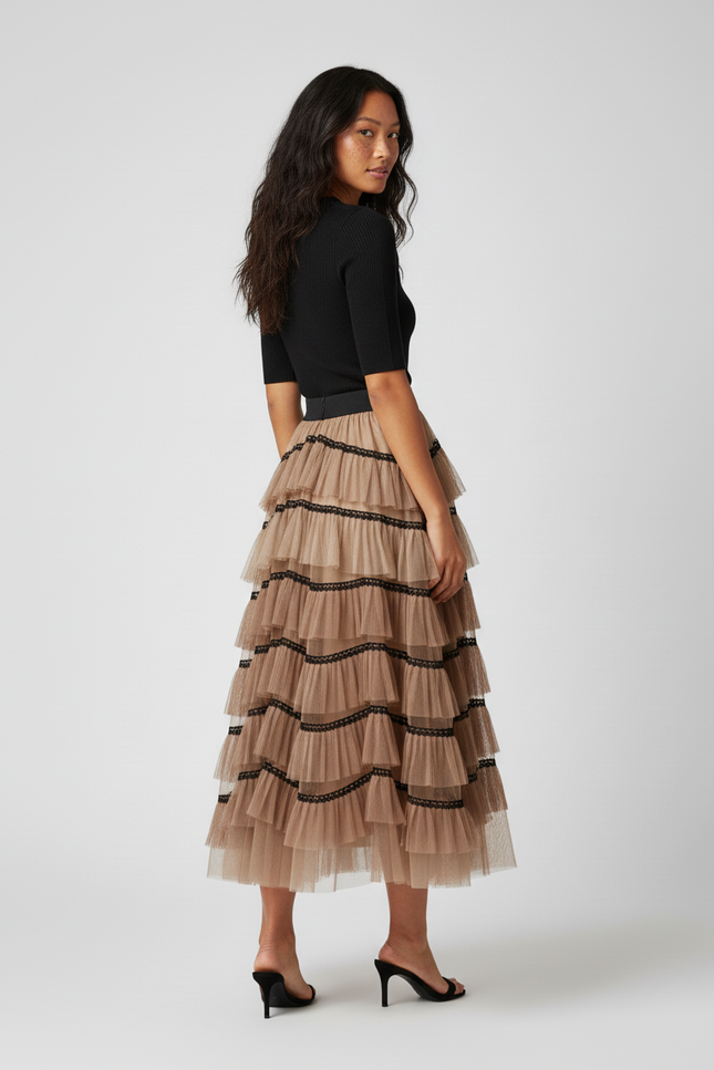 Jupe Longue Tulle Volants Beige Élégante