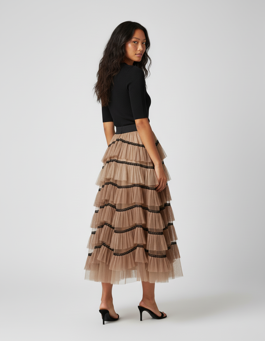 Jupe Longue Tulle Volants Beige Élégante