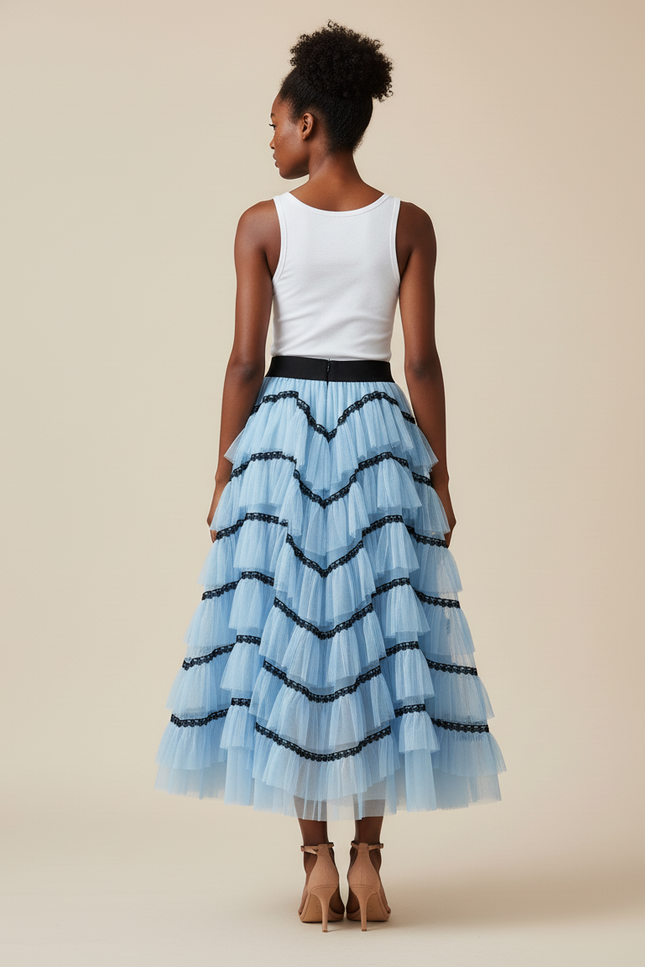 Jupe Longue Bleu Ciel Volants Chic