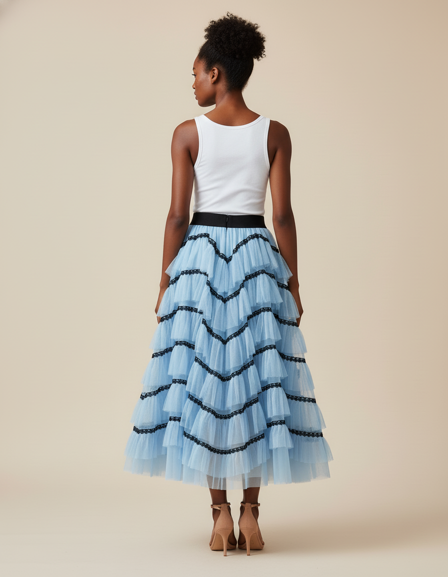 Jupe Longue Bleu Ciel Volants Chic