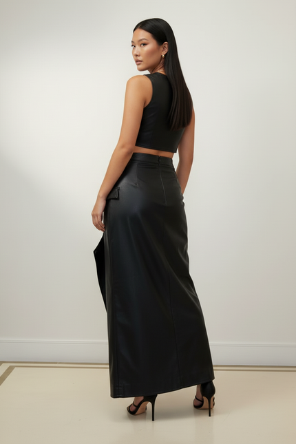 Jupe Longue Cuir Noir Asymétrique Chic