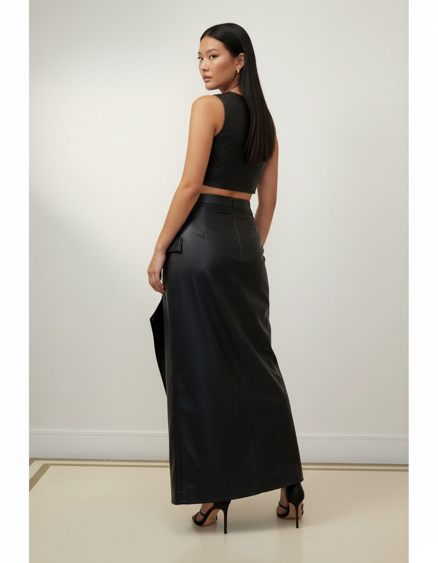Jupe Longue Cuir Noir Asymétrique Chic