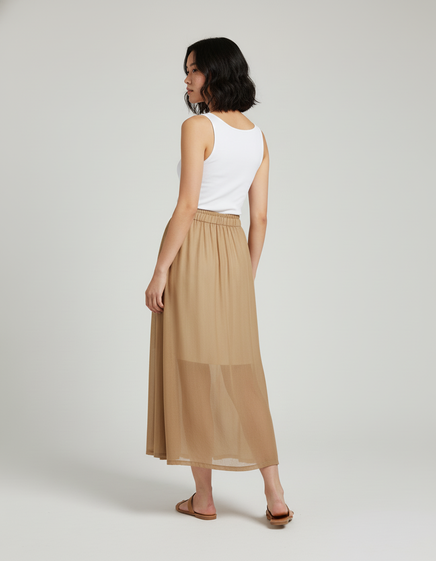 Jupe Longue Camel Broderie Fluide